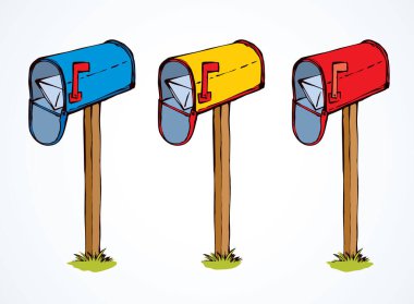 Beyaz gökyüzü arka planında Usa canlı metalik açık fatura gelen kutusu bayrağı. Parlak sarı, kırmızı, mavi el çizilmiş web medya nesnesi amblemi sanat antika karalama tarzında kağıt üzerine kalem ve metin için yer