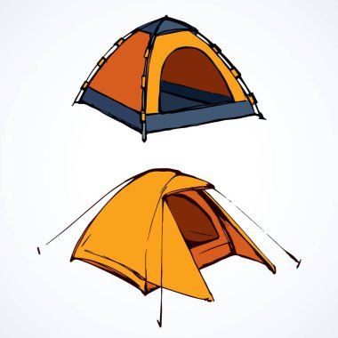 Açık gezici tatil köyü tente yerleşimi beyaz arka planda. Parlak sıcak zencefil sarısı renkli logo modern karalama şeklindeki kalemle kağıda çizilmiş. Metin için yakın görünüm ve boşluk