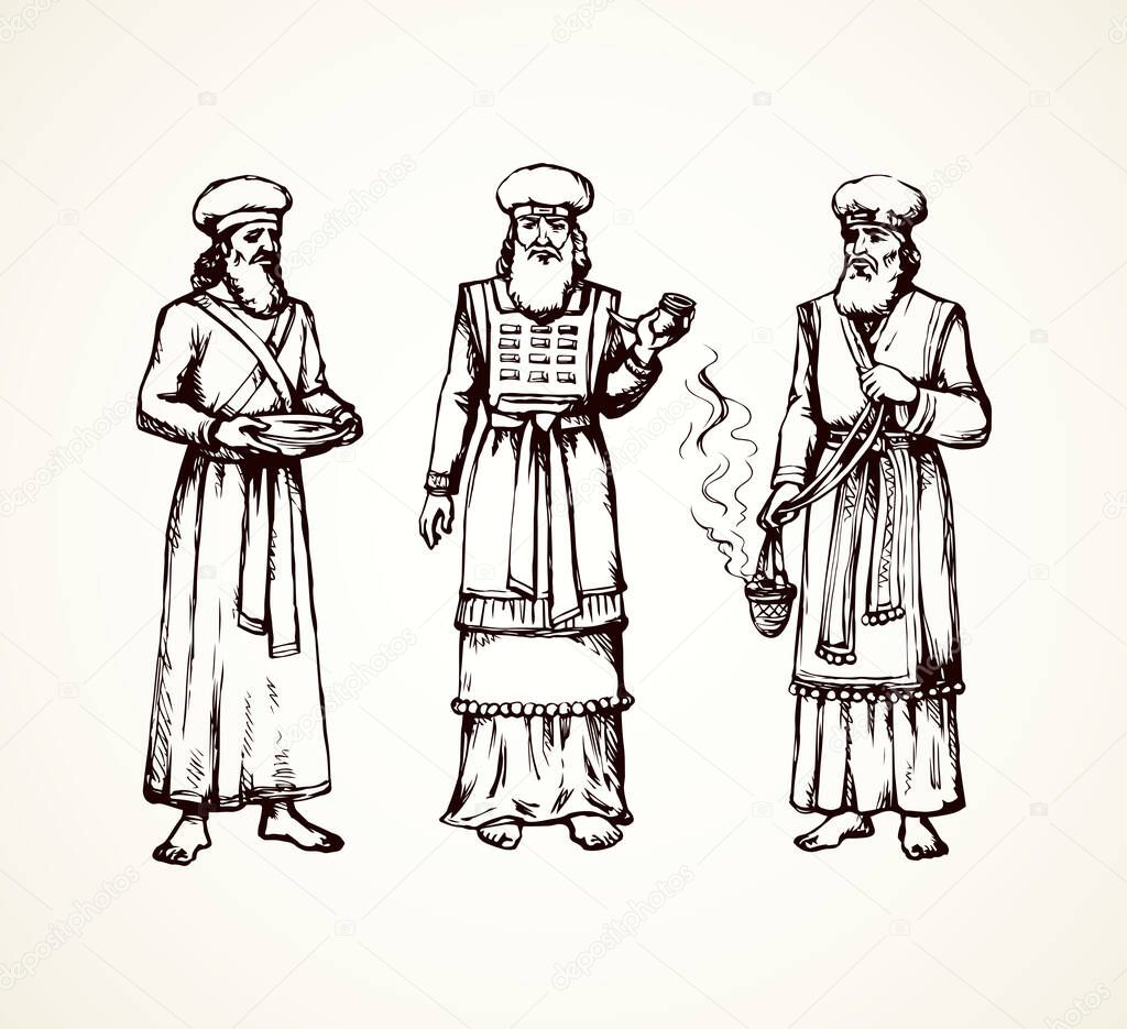 Moses torah historic divine ministry culture. Old bearded Aaron in tunic, turban with censer of incense. Line black ink hand drawn judaic levit leader sketch in vintage art east engrave silhouette style