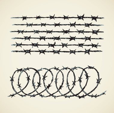 Engelli spiral bob dikenli tel sıra beyaz arka planda izole edildi. El çizimi mürekkep çizimi, resim çizimi, kağıt üzerine retro-kalem karalaması. Metin için alanı olan yakın görünüm
