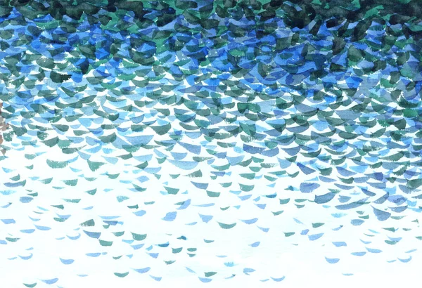 手绘蓝色水彩画刷染色创意素描风景雨景 白纸文字空间设计 明亮的丙烯酸青色平静的春天气候公园溪湾潮景 — 图库照片