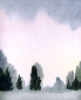 El çizimi açık renkli suluboya resim taslak su deresi deresi, gölet kıyısı yağmur sahnesi, kağıt metin arkaplanı. Pembe renk sakin sonbahar sisi duman çalılık ağaçlık bitki izi kırsal manzara