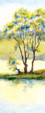 Parlak el çizimi suluboya ressamı temiz hava batımı sahnesi çiziyor. Kağıt arkaplan metin alanı. Açık yeşil renkli boya sanat eseri çalılık vadi çimenliği sakin bir günde dere kıyısı manzarası