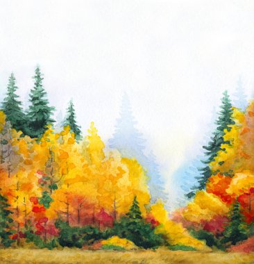 Kağıt desenli arkaplana elle çizilmiş suluboya resim. Taiga nemli sis günü manzaralı bulutlu manzara üzerine metin uzayı. Parlak kırmızı turuncu renk yabani çimen bitkisi kara akrilik Rusya manzarası