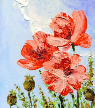 Parlak modern gouache pembe boya pastel eskiz desenli görünüm. Canlı turuncu renkli el, akrilik botanik tomurcuk kök otu çizmiş. Retro yaratıcı beyaz kağıt branda fırça tebrik kartı tarzı taze mavi gökyüzü sahnesi