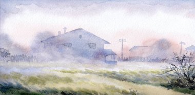 El çizimi suluboya ahır kulübesi açık kağıt metin arkaplanı. Sakin, nemli, sisli, kır ağacı manzaralı, dumanlı, parlak, mavi renkli, geçmişe dönük sanat eserleri.