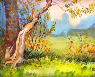 Suluboya el yapımı kağıt fon. Parlak akrilik yeşil çayır. Yaz mevsiminin canlı günbatımının puslu güneşli sisinde eski kavak ağacı çalısı. Sessiz kırsal tarım arazisi sanat eseri yağmur bulutlu sahne