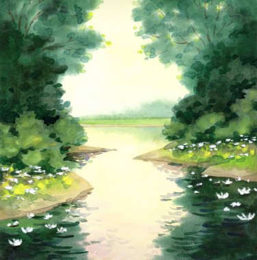 El çizimi, açık renkli bulutlar üzerinde kağıt arkaplan metin alanı üzerine suluboya resim. Sonbahar karanlık gece kırsal bulutlu yağmur sisi manzara manzarası. Bereketli sazlık çalısı sisli dere koyuna yansıyor