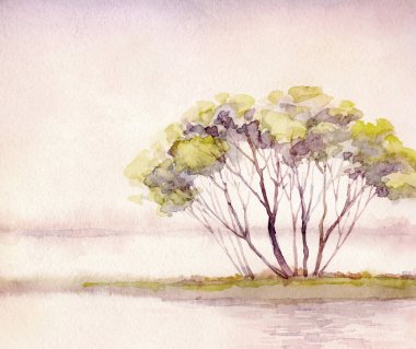 Parlak el çizimi suluboya ressamı temiz hava batımı sahnesi çiziyor. Kağıt arkaplan metin alanı. Açık sarı boya sanat eserleri çalılık vadi çimenliği sakin pembe gün manzaralı dere kıyısı manzarası