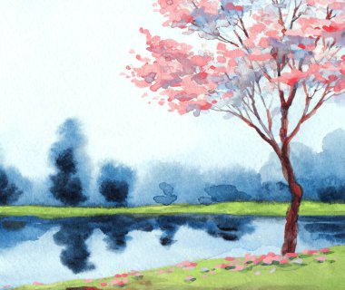 El yapımı, soyut Çinli ressam suluboya resim çizimi kâğıt metin arkaplanındaki bulanık sis sahnesi. El çizimi açık pembe renk kiraz ağacı sakin vadi kırsal manzaralı sanat eserleri