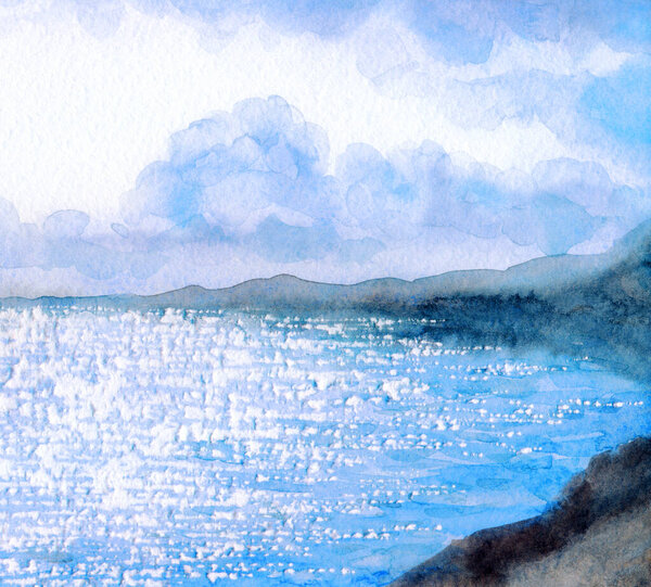 Hand drawn aquarelle paint calm cool fresh spring glare day pond mount horizon scene. Paper card text space backdrop retro style design. Blue color rain weather heaven wild valley vacation scenic view