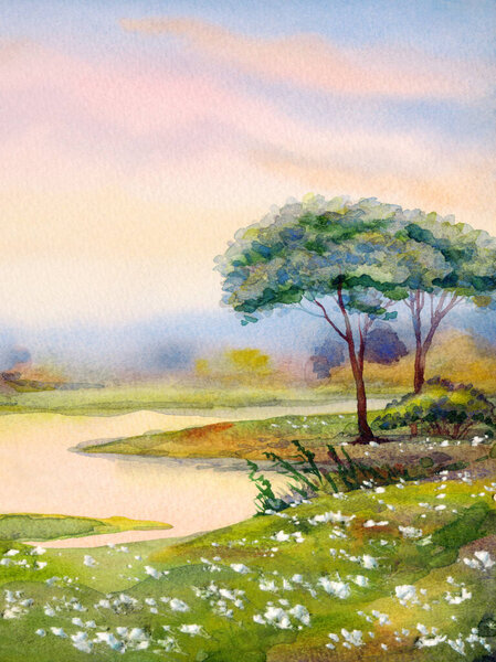 Ручной работы ярко-розовый акварельный рисунок рисунок тихий горизонт оврага тумана вид сцены на бумажном фоне пространство для текста. Ручной рисунок светло-желтого цвета дождливый закат неба над спокойной дикой долине парка