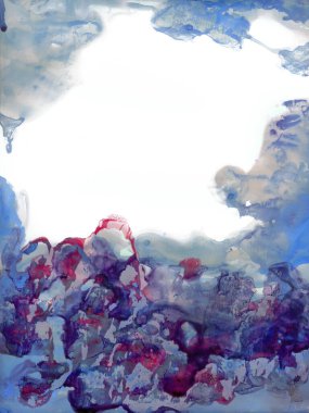 Parlak parlak cyan renkli mürekkep çizimi gouache boya damlası kağıttan metin alanı modern taslak tarzı. Kapalı makro görünüm ıslak akryl gölü grunge lekesi gökyüzü ruhu sanat eseri organik bitki tasarımı