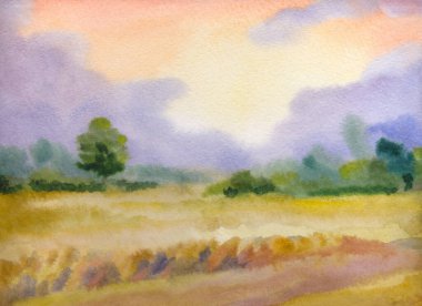 El çizimi açık renk resim karalaması sisli bahar yağmuru sahnesi sahne kağıdı metin arkaplanı. Sakin sonbahar dumanı olgunlaşmış tahıl, ekin manzarası çalı, köknar ağacı, soyut manzara.