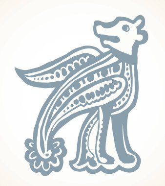 Fantezi halk memelisi beyaz kağıt desenli element. Taslak siyah renkli mürekkep, vahşi köpek kafası logosu amblemi çizilmiş. Klasik kapanış barbarlığı Galyalılar Alman ulusal sanatçı kitap aslanı etiketi