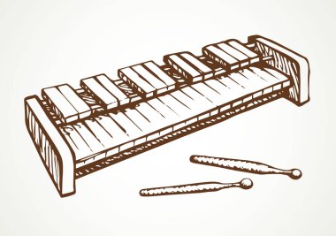 Closeup line view folk retro band hit key idiophone piano on white text space. Outline black ink hand drawn old baby kid tone balafon object logo pictogram emblem design sketch in vintage doodle style vector