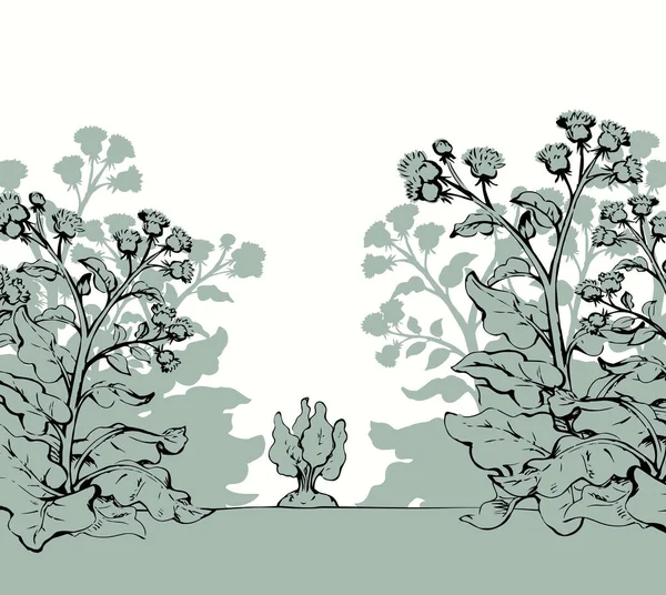 Velká Zelená Řada Trávy Trn Lopuch Květ Venkovní Yard Scéna — Stockový vektor