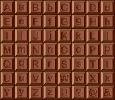 Soyut lezzetli siyah kakao sütlü çikolata pişirme beslenme dizisi Latin dekor çizim seti. Üst makro görünümü kapat kare karo blok çocuk çizgi filmi pasta pasta logosu kabartma etkisi yazı tipi efekti