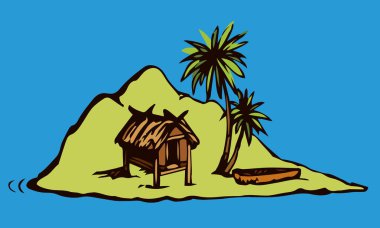 Eski yalnızlık turistik tatil beldesi deniz taşlı çöl mavi gökyüzü. Siyah el, 1 bali konsept logo simgesi tabela sahnesi çizdi. Retro sanat karalama çizgisi çizgi film baskı tarzı gezi manzarası