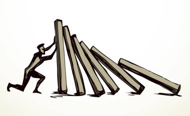 Yakından izole edilmiş yığın kırılma krizi çatışma güvenliği. Çizgi siyah çizim oyun ikonu işaret tablosu tasarımı beyaz sanat karikatür vektör tarzı. 1 erkek işçi liderini kapatın itin, itin, itin, düşmekten kurtarın.