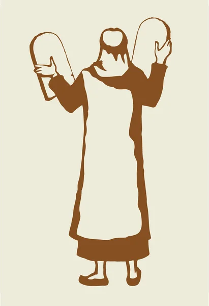 古伊斯莱利男性精神领袖拉比站在祈祷上主举起10个规则标志图标 古老的教堂艺术线条素描卡通画塔木德字母故事 白色的东方阿拉伯式人类后视镜服装 — 图库矢量图片