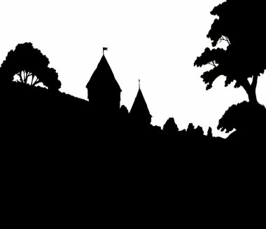 Doğudaki kraliyet evi sonbahar manzaralı izole edilmiş beyaz gökyüzü manzaralı. Doğu, Arap taş duvar kubbesini geçince göl kenarındaki tepe manzarası harabesi. Çizgi siyah el çizimi seyahat turizmi resmi.