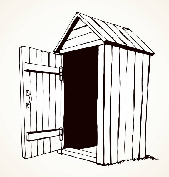 Grunge small hillbilly privy pee cubicle stall set on light paper text space. Outline brown ink hand drawn camp poop waste hygiene poo logo pictogram in art ancient doodle style. Close up line view