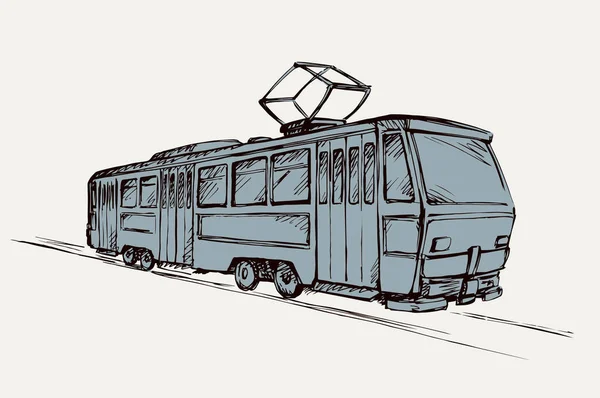 Arka Planda Klasik Antika Tramvay Hattı Anahat Siyah Mürekkep Çizilmiş — Stok Vektör