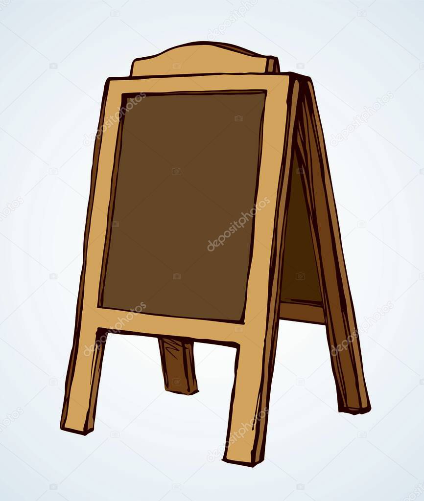 Outside pub promotion placard notice list stand object on white backdrop. Brown hand drawn street outdoor business store service plank logo icon emblem design in retro doodle art style. Closeup view
