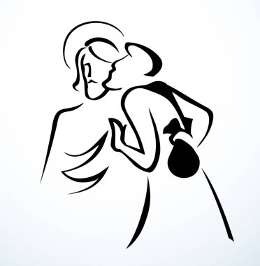 Soyut siyah el çizilmiş logo eski tarihi paskalya kilisesi eski paskalya gospel karikatür tarzı beyaz kağıt metin alanı erkek Yahudi para çantası 30 gümüş para çantası dolandırıcılık hayat boyu tutuklama sahnesi