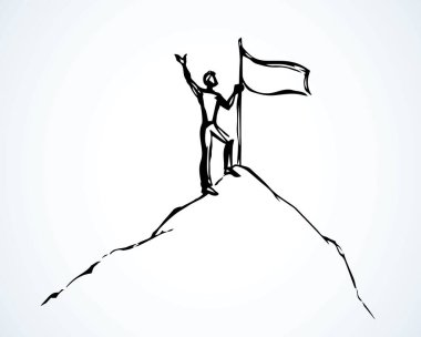 Genç aktif erkek işçi figürü önce ayağa kalk zafer umudu tut. Ana hatları siyah el çizilmiş insan montaj görevi logo çizimi çizgi çizgi çizgi çizgi çizgi çizimi gibi beyaz gökyüzü alanı styl