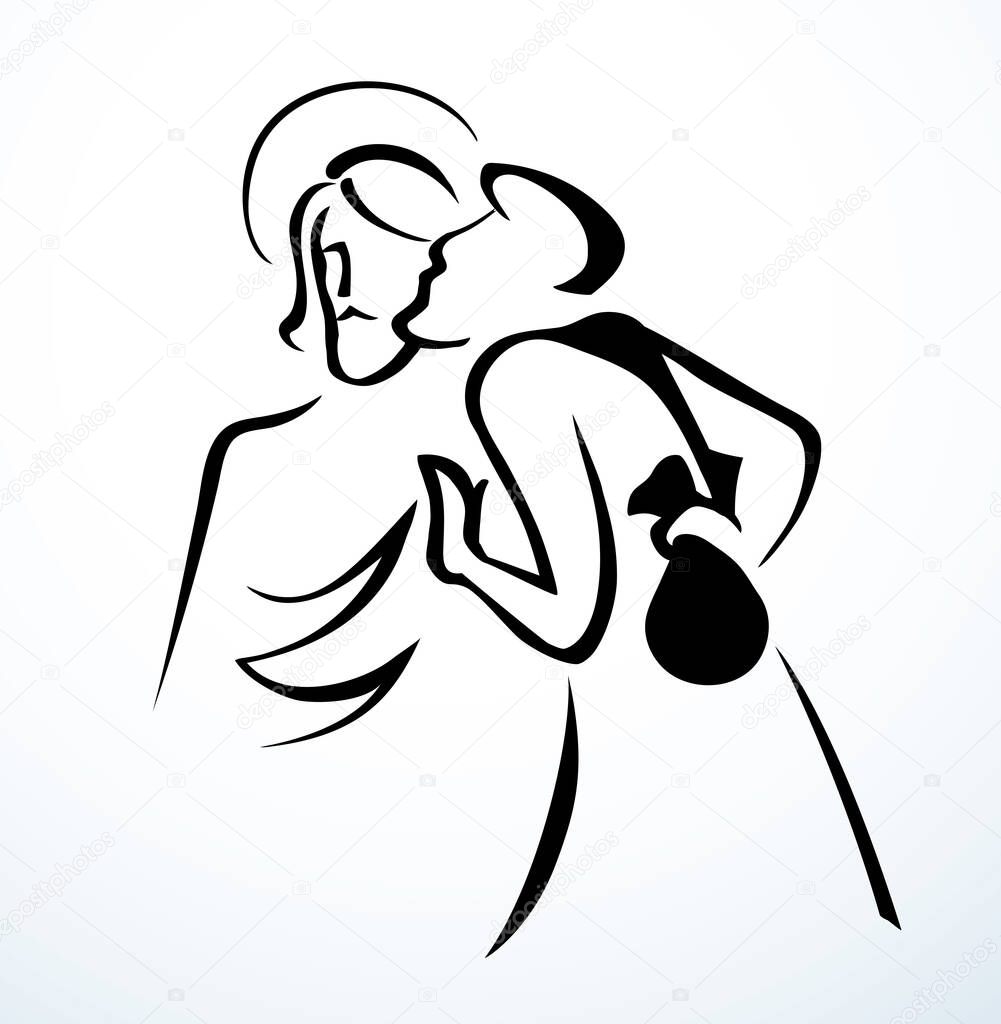 Outline abstract black hand drawn logo old retro historic church Easter gospel art cartoon style white paper text space male jew Iscariot hide 30 silver coin money bag lie fraud arrest life deal scene