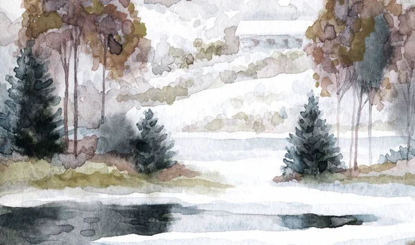 手描きペイントアートワーククールな新年霧の曇りの日のシーン レトロなスタイルを背景にライトホワイトの紙カード 明るい色の古いトウヒの茂みの森氷の冷たい凍結穏やかな池クリーク海岸屋外の景色 — ストック写真