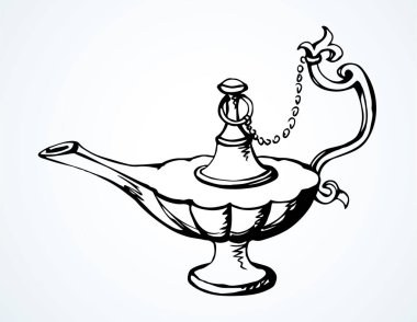 Yakın plan, beyaz masa boşluğunda eski, kilden yapılmış gazyağı kampı şişesi. Siyah mürekkep çizilmiş el, altın kutsal peri efsanesi sihirli alladin rüya, lütfen logo işareti, kutsal çizgi film stili.