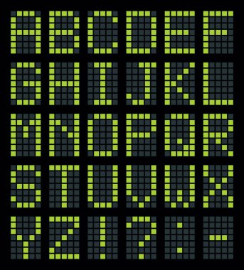 Parlak ampul sayımı kare lcd öncü logo yazı tipi parlak yeşil renk modern sanat tarzını ayarladı. Koyu renkli neon seyahat kulübü termin aygıt çevirme tablosu, yazı tipi koleksiyonu web tasarımını gösterir