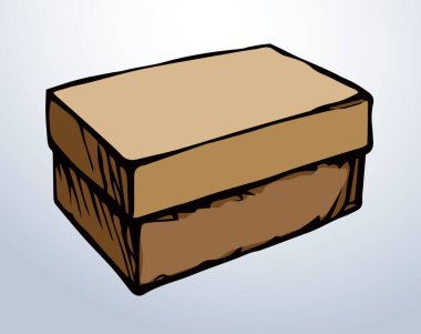 Küçük yiyecek Kraft küp kargo sandığı kapağı kapağı beyaz etiketli metin alanını kapat. Ana hatları siyah el çizilmiş büyük iş tepsisi logo çerçeve tasarımı retro sanat karikatür kart biçimi