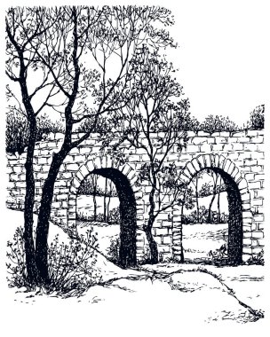 Yaş olarak yüksek kentsel kavis yolu soğuk, buz tutmuş gölet göleti sahnesi siyah mürekkep kalem el çizimi Brook Paper retro doodle line tarzı. Sahne alacakaranlık yüksekliğindeki yabani akçaağaç bitkisi dere manzaralı beyaz gökyüzü metin uzayı