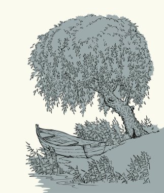 Eskimiş siyah mürekkep kalem el, sükunet ve sükunet dolu bir sonbahar sahnesi, eskimiş sanat karikatür çizgisi tarzı. Kapalı vahşi dere kamışı bitkisi arazi manzaralı beyaz gökyüzü metin arkaplanı