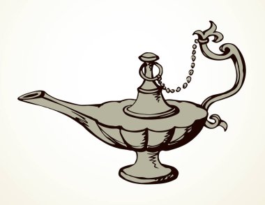 Yakın plan, beyaz masa boşluğunda eski, kilden yapılmış gazyağı kampı şişesi. Siyah mürekkep çizilmiş el, altın kutsal peri efsanesi sihirli alladin rüya, lütfen logo işareti, kutsal çizgi film stili.