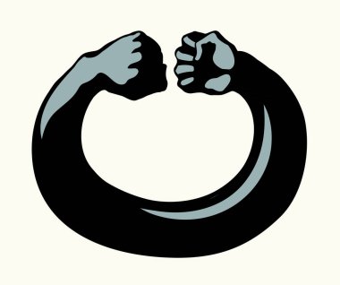 Doğru öfke iç savaş güçlü grev kutusu düellosu. Birim çifti insan birliği beyaz metin uzayına direniyor. Çizgi çekimi asi boks birliği kazanma eylemi 2 adam daire logosu simge fikri sanat vektörü