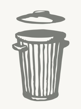 Yakın çekim büyük grunge açık boş plastik çöp kutusu seti. Beyaz kağıt metin alanı retro sanat karalama tarzı. Ana hatlı siyah mürekkep çizimi büyük eko biyografiği teneke kapaklı mobil servis amblemi tasarladı