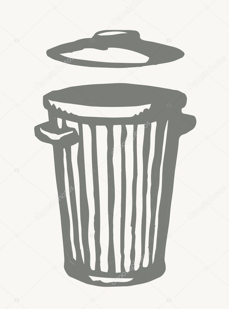 Closeup view big old grunge open empty plastic trashbin set. White paper text space retro art doodle style. Outline black ink hand drawn large eco bio utilize tin lid mobile service emblem logo design