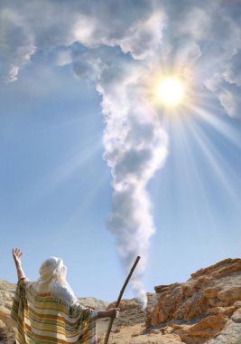 Retro Holy Jesus Christ yetişkin yaş Mısırlı bilge aziz erkek insan yükselen kol ışık bulutlu görüş. Ortadoğu Yahudi cübbesi. Lord Law Torah hikayesi. Sihirli İsrailliler tahta çubuk kamışı sembolü kavramına sahipler.