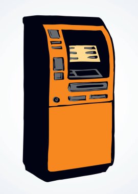 Web hattı mağazası kredi görüntüleme bancomat kiosk pin tuş takımı veznedar aygıtı beyaz kağıt üzerinde. Turuncu renkli el çizimi dolar gagası maaş monitörü logo simgesi simgesi konseptini grafik çizgi film tarzında kazanır