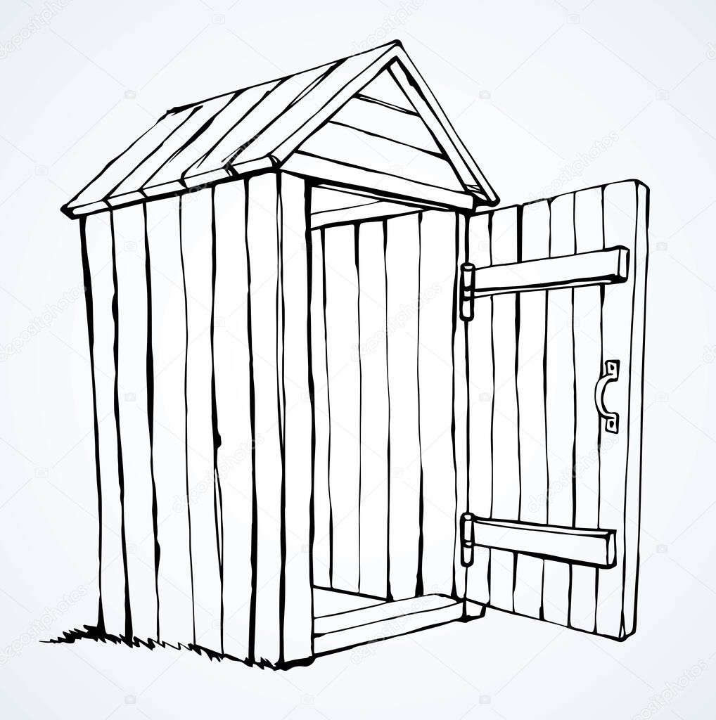 Grunge small hillbilly privy pee cubicle stall set on light paper text space. Outline brown ink hand drawn camp poop waste hygiene poo logo pictogram in art ancient doodle style. Close up line view