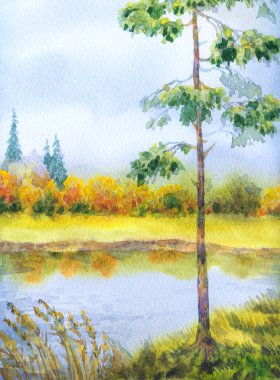 El çizimi parlak suluboya resim çizimi açık beyaz bulutlar üzerinde kağıt arkaplan metin alanı üzerine. Sonbahar karanlık kırsal bulutlu manzara manzarası. Bereketli sonbahar saz çalısı sisli dereye yansıyor