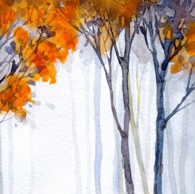 Elle çizilmiş ressam suluboya, sisli kağıt, metin arkaplanı. Siyah renk boya, buzlu kırmızı fırça tarzı sisli kırsal çalılık manzaralı. Sakin eski dal soluk avlu çizim sahne