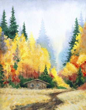 Kağıt desenli arkaplana elle çizilmiş suluboya resim. Taiga nemli sis günü manzaralı bulutlu manzara üzerine metin uzayı. Parlak kırmızı turuncu renk yabani çimen bitkisi kara akrilik Rusya manzarası