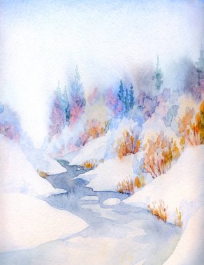 Açık renkli kâğıt arkaplan arkaplanı üzerine suluboya resim çizimi. Sakin mavi çalı çalısı kış günü sahnesi. Buzlu yeni yıl Deresi Deresi Körfezi manzarası