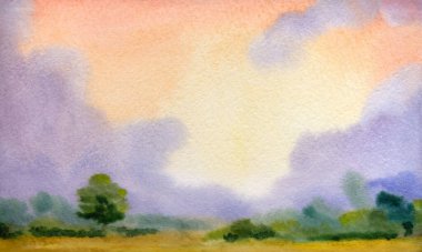 El çizimi açık renk resim karalaması sisli bahar yağmuru sahnesi sahne kağıdı metin arkaplanı. Sakin sonbahar dumanı olgunlaşmış tahıl, ekin manzarası çalı, köknar ağacı, soyut manzara.